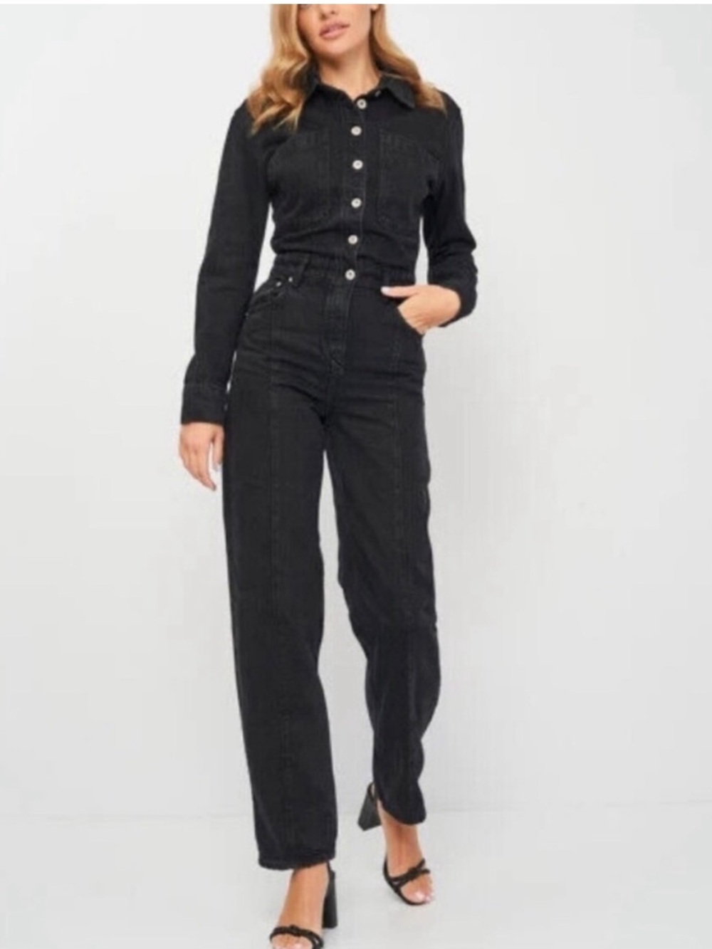 Zara The Dorian Black Denim Utility Jumpsuit Long Sleeve Button Front Size S